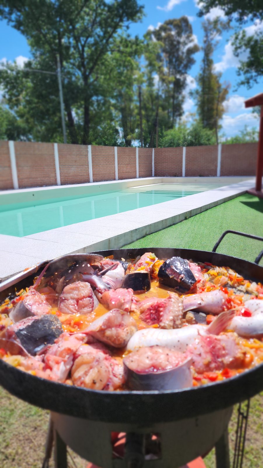 Comida en disco de arado junto a la pileta en Quinta El Arroyo